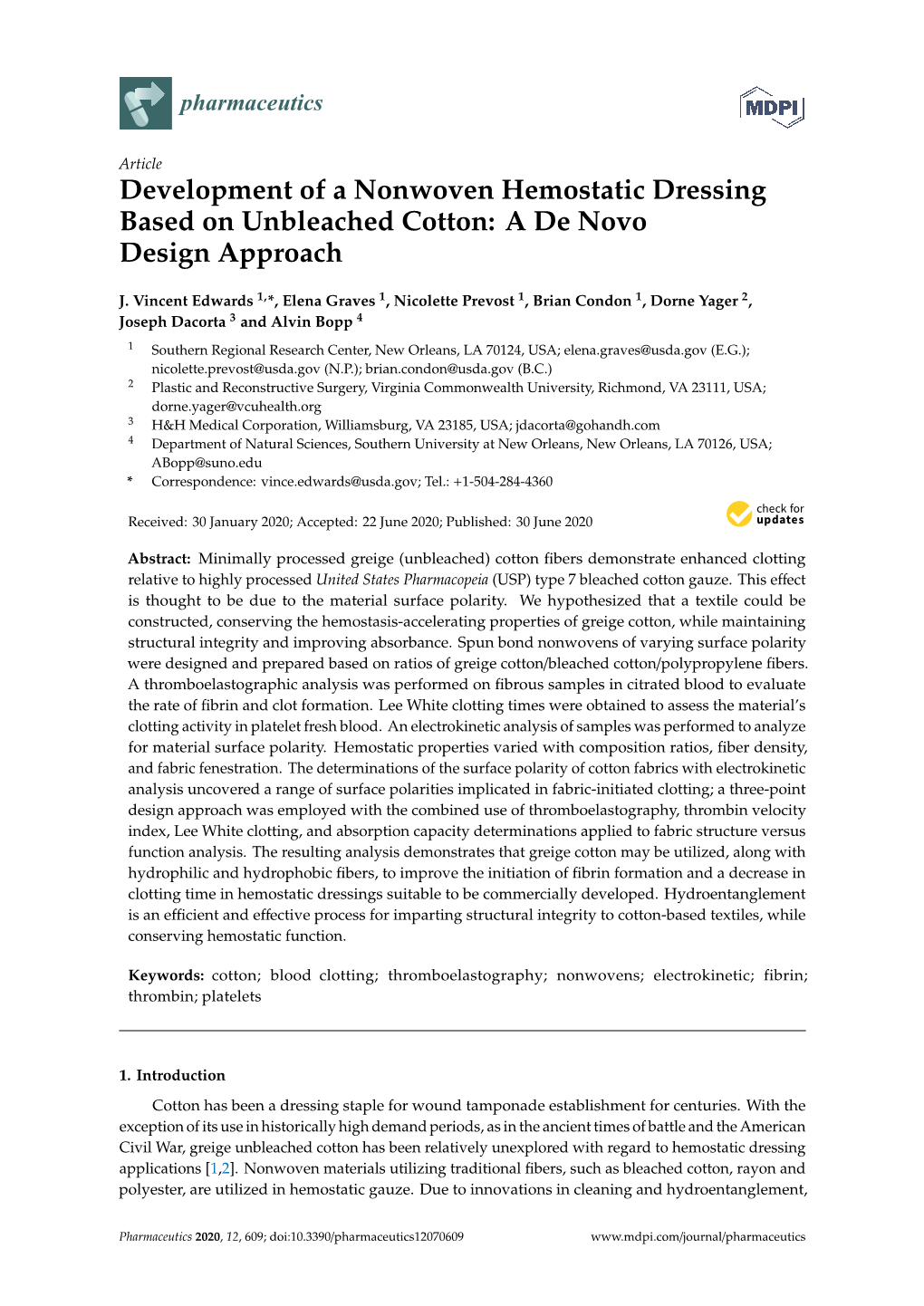 Development of a Nonwoven Hemostatic Dressing Based on Unbleached Cotton: a De Novo Design Approach