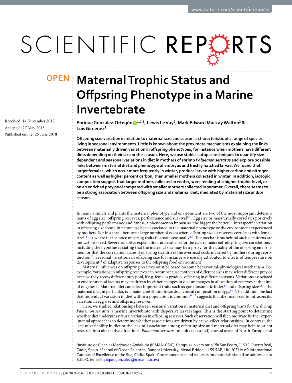 Maternal Trophic Status and Offpsring Phenotype in a Marine Invertebrate