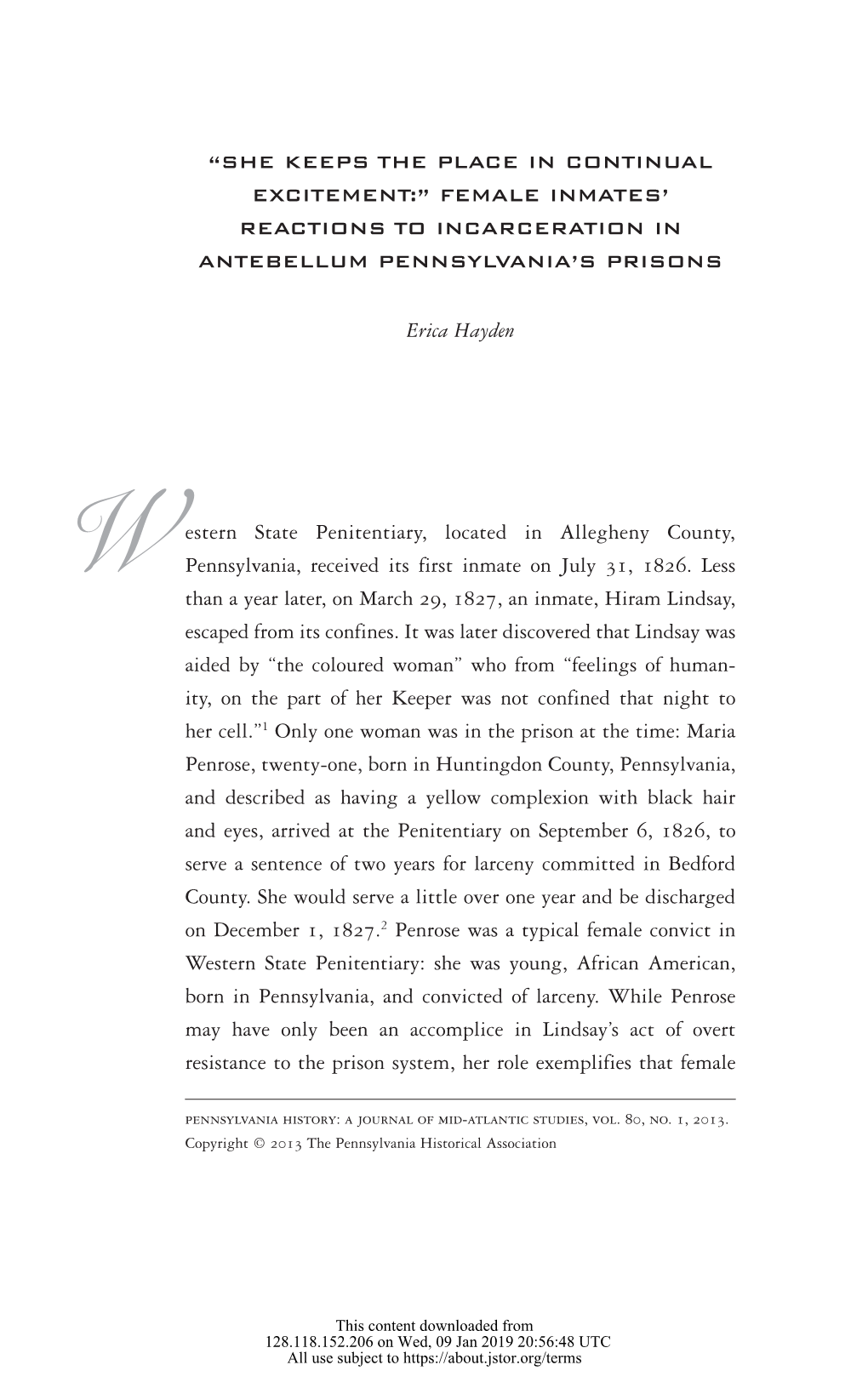 “She Keeps the Place in Continual Excitement:” Female Inmates’ Reactions to Incarceration in Antebellum Pennsylvania’S Prisons