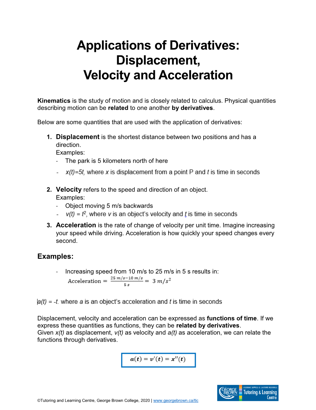 Applications of Derivatives: Displacement, Velocity and Acceleration