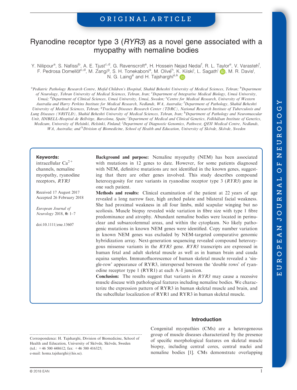 Ryanodine Receptor Type 3 (RYR3) As a Novel Gene Associated with a Myopathy with Nemaline Bodies