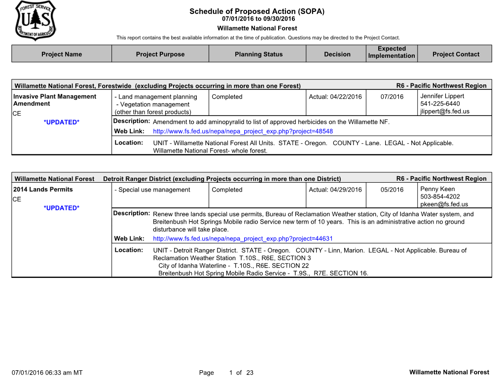 Schedule of Proposed Action (SOPA) 07/01/2016 to 09/30/2016 Willamette National Forest This Report Contains the Best Available Information at the Time of Publication