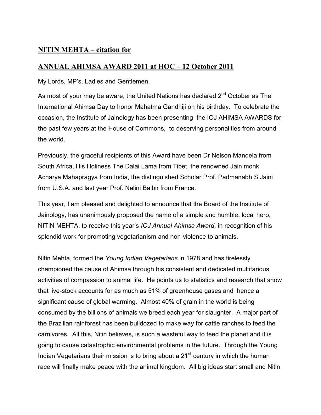 NITIN MEHTA – Citation for ANNUAL AHIMSA AWARD 2011 at HOC – 12