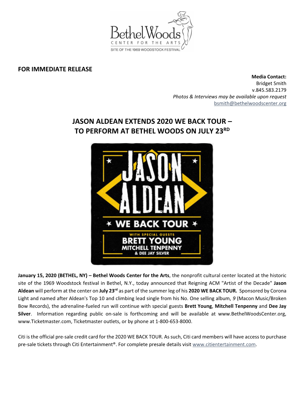 Jason Aldean Extends 2020 We Back Tour – to Perform at Bethel Woods on July 23Rd