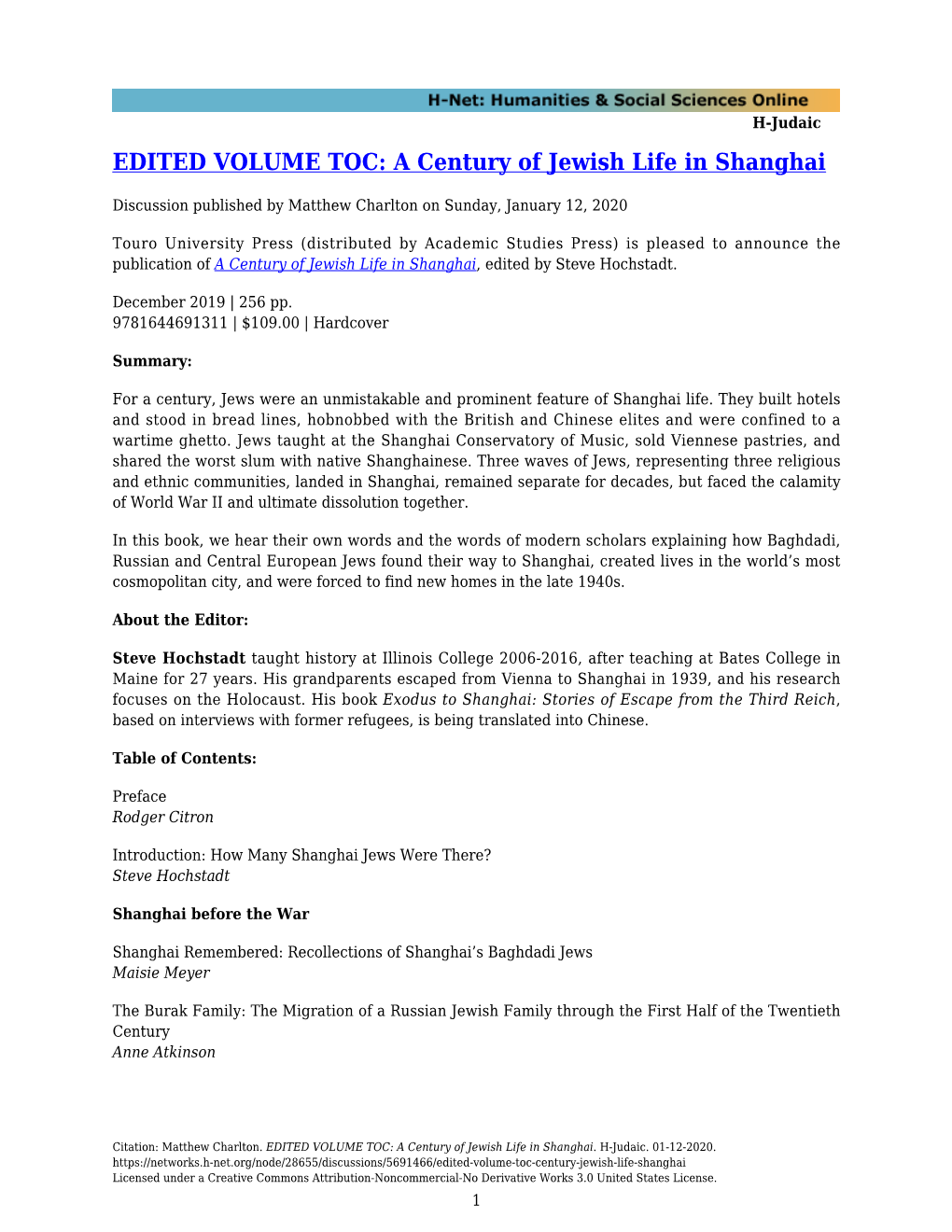 EDITED VOLUME TOC: a Century of Jewish Life in Shanghai