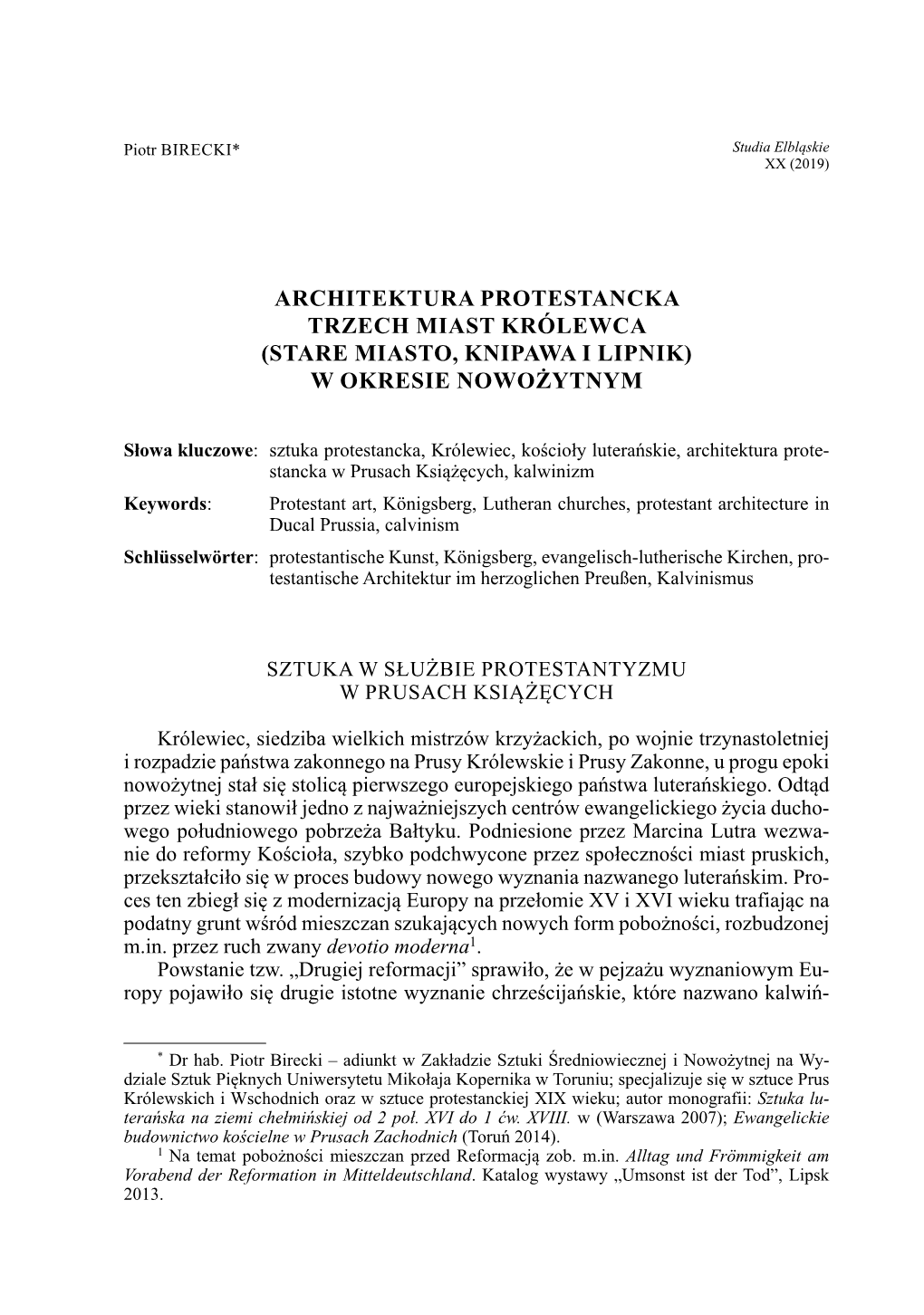 Architektura Protestancka Trzech Miast Królewca (Stare Miasto, Knipawa I Lipnik) W Okresie Nowożytnym