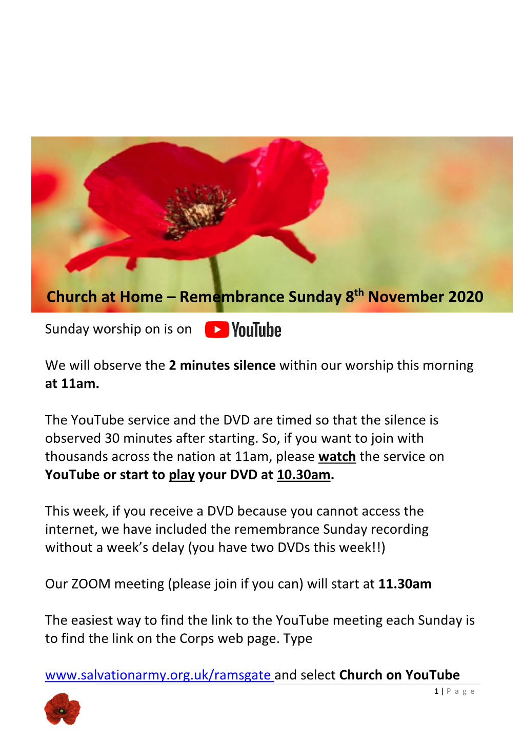 Church at Home – Remembrance Sunday 8Th November 2020