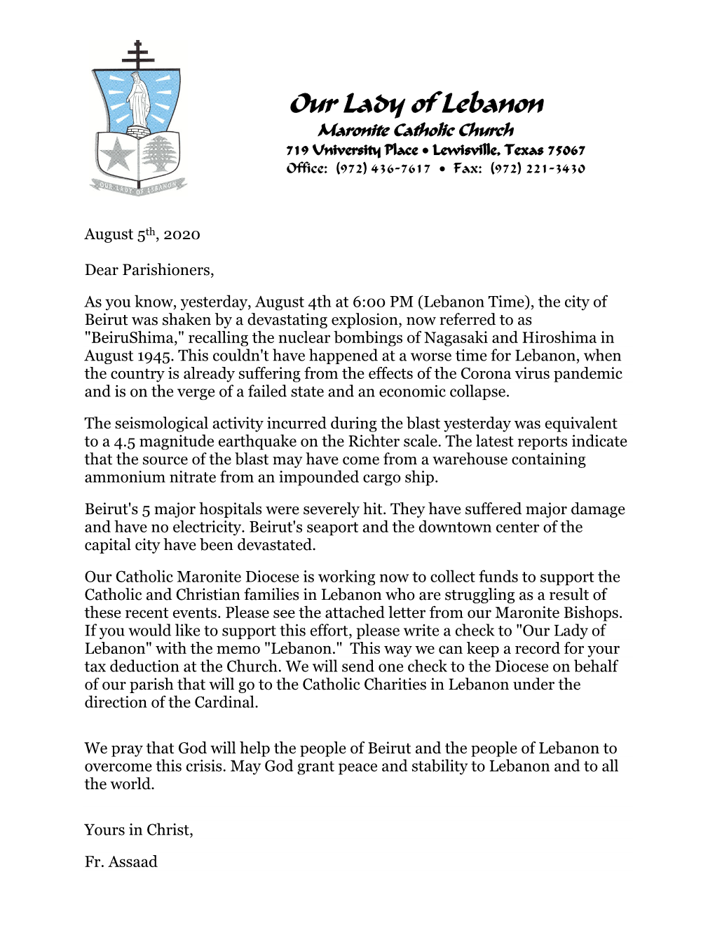 Our Lady of Lebanon Maronite Catholic Church 719 University Place • Lewisville, Texas 75067 Office: (972) 436-7617 • Fax: (972) 221-3430