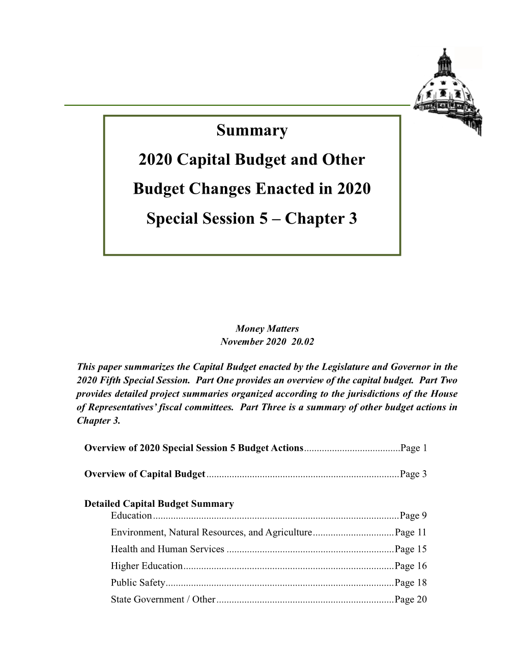 Fiscal Summary, Chapter 3, Special Session 5, 2020 Capital Budget Summary Publication.Docx