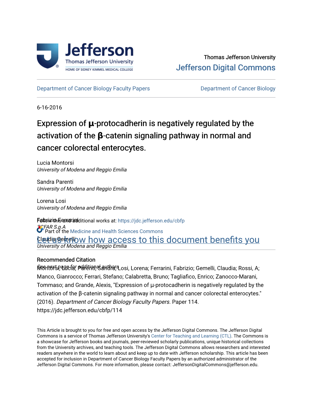 Expression of Μ-Protocadherin Is Negatively Regulated by the Activation of the Β-Catenin Signaling Pathway in Normal and Cancer Colorectal Enterocytes