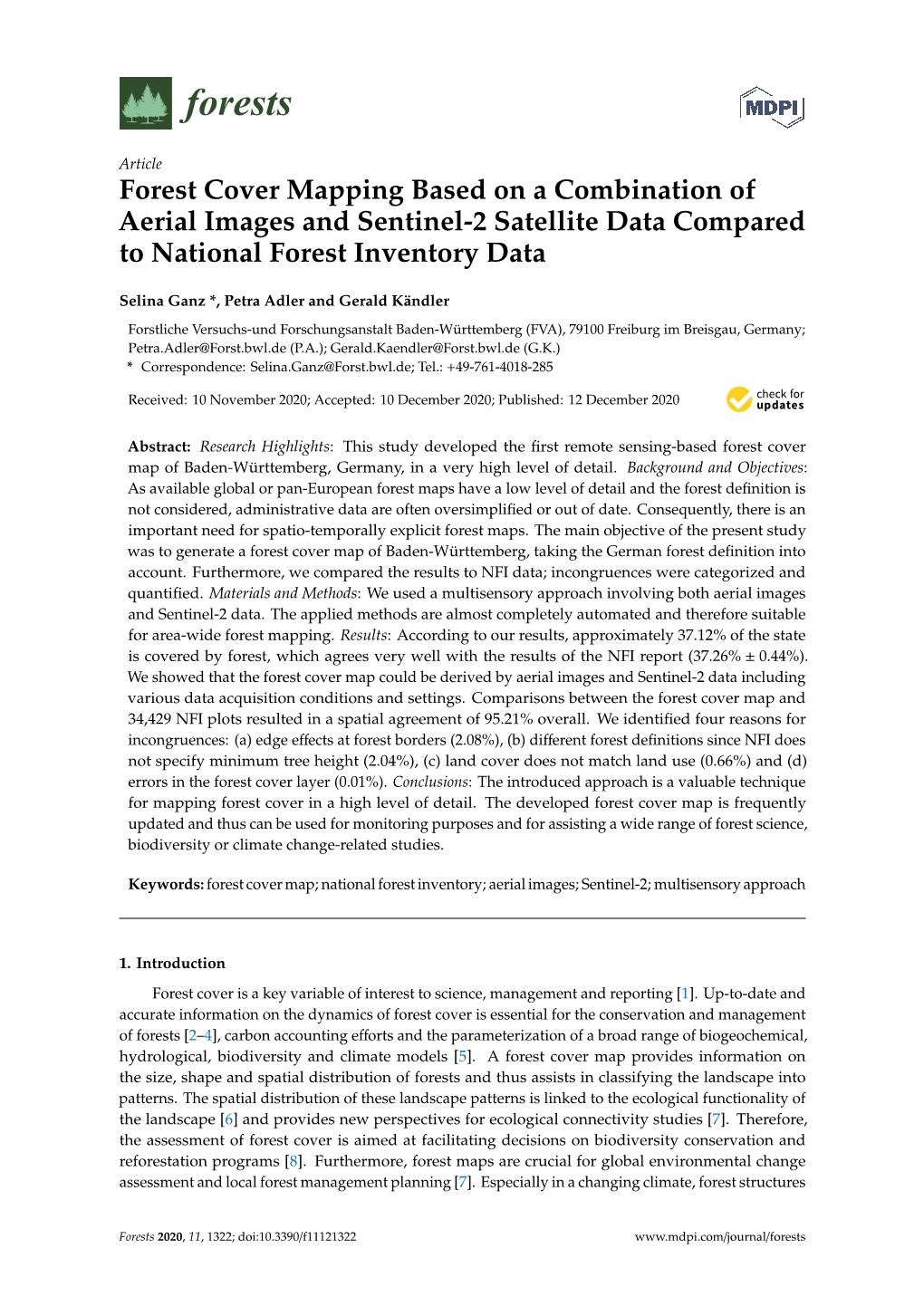 Forest Cover Mapping Based on a Combination of Aerial Images and Sentinel-2 Satellite Data Compared to National Forest Inventory Data