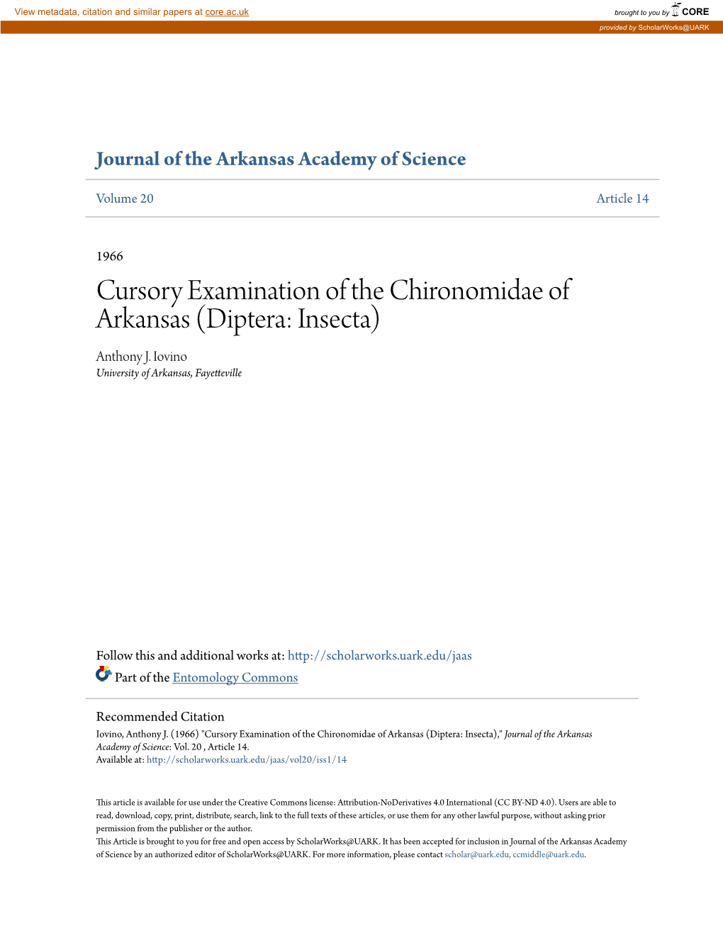 Cursory Examination of the Chironomidae of Arkansas (Diptera: Insecta) Anthony J