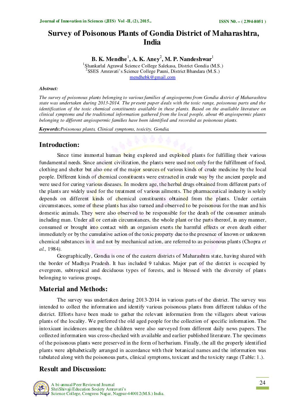 Survey of Poisonous Plants of Gondia District of Maharashtra, India