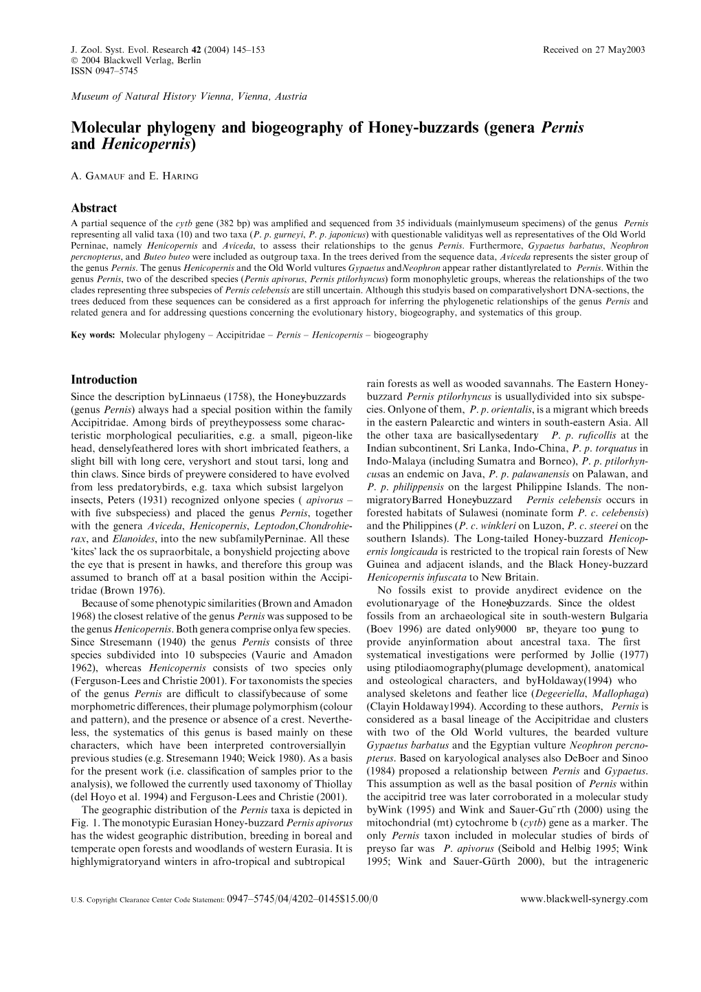 Molecular Phylogeny and Biogeography of Honey-Buzzards (Genera Pernis and Henicopernis)