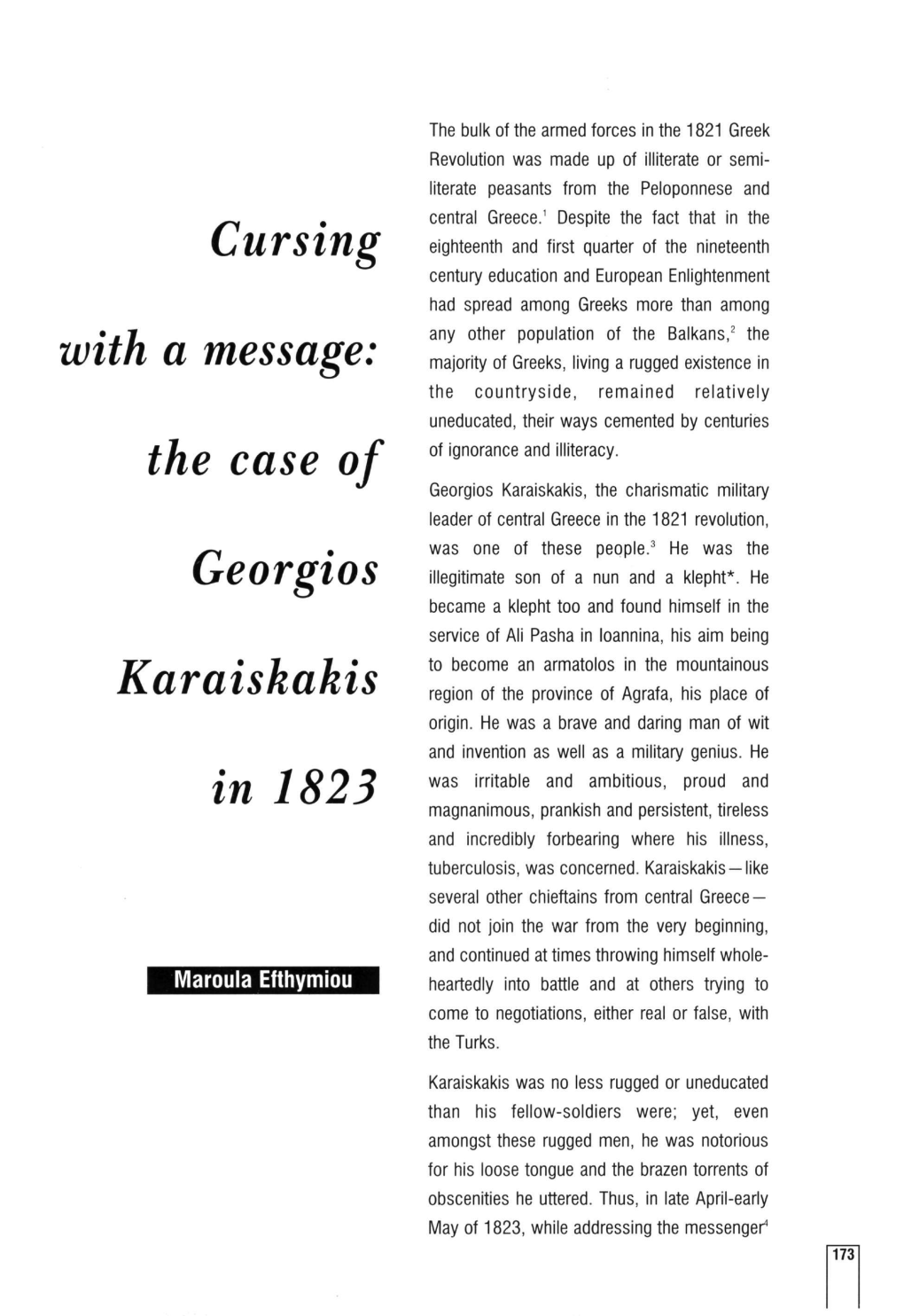 Cursing with a Message: the Case of Georgios Karaiskakis in 1823