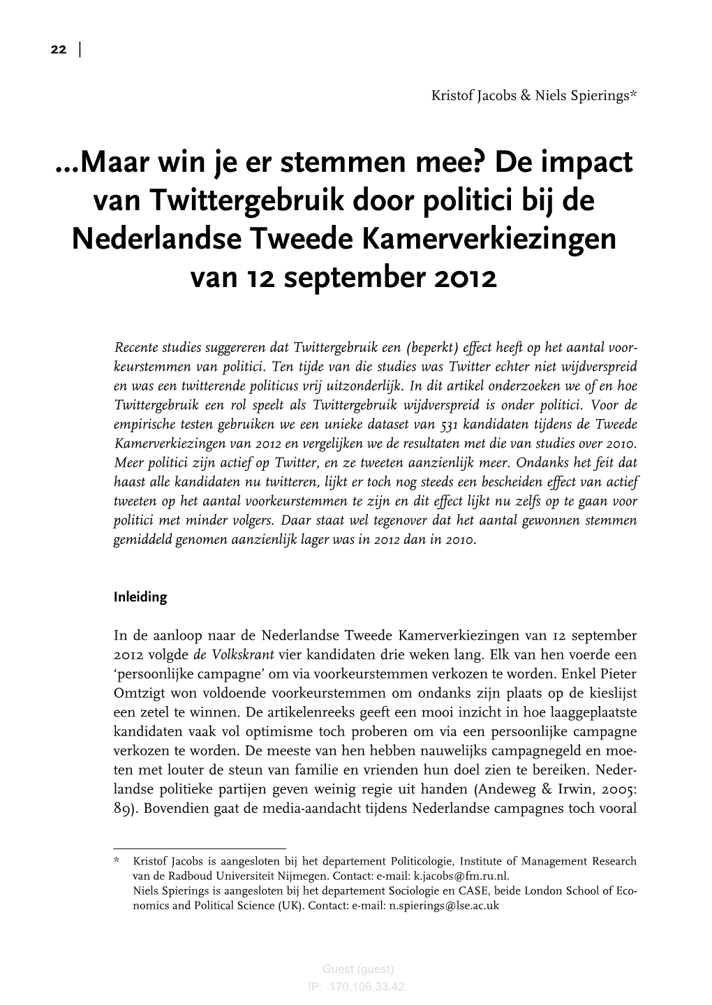 De Impact Van Twittergebruik Door Politici Bij De Nederlandse Tweede Kamerverkiezingen Van 12 September 2012