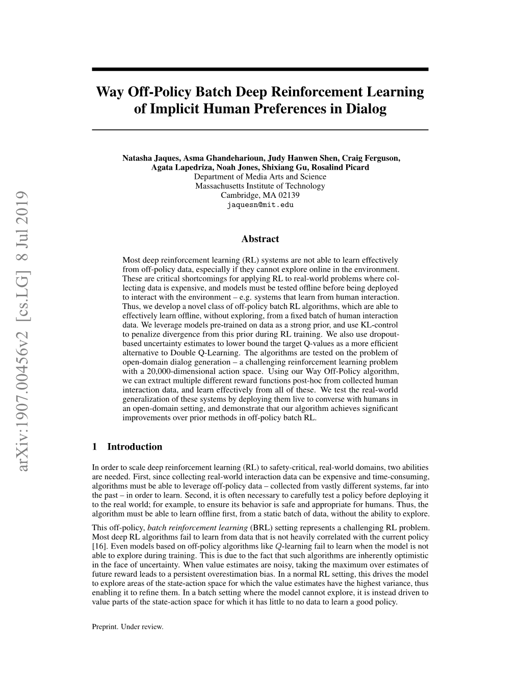 Way Off-Policy Batch Deep Reinforcement Learning of Implicit Human Preferences in Dialog