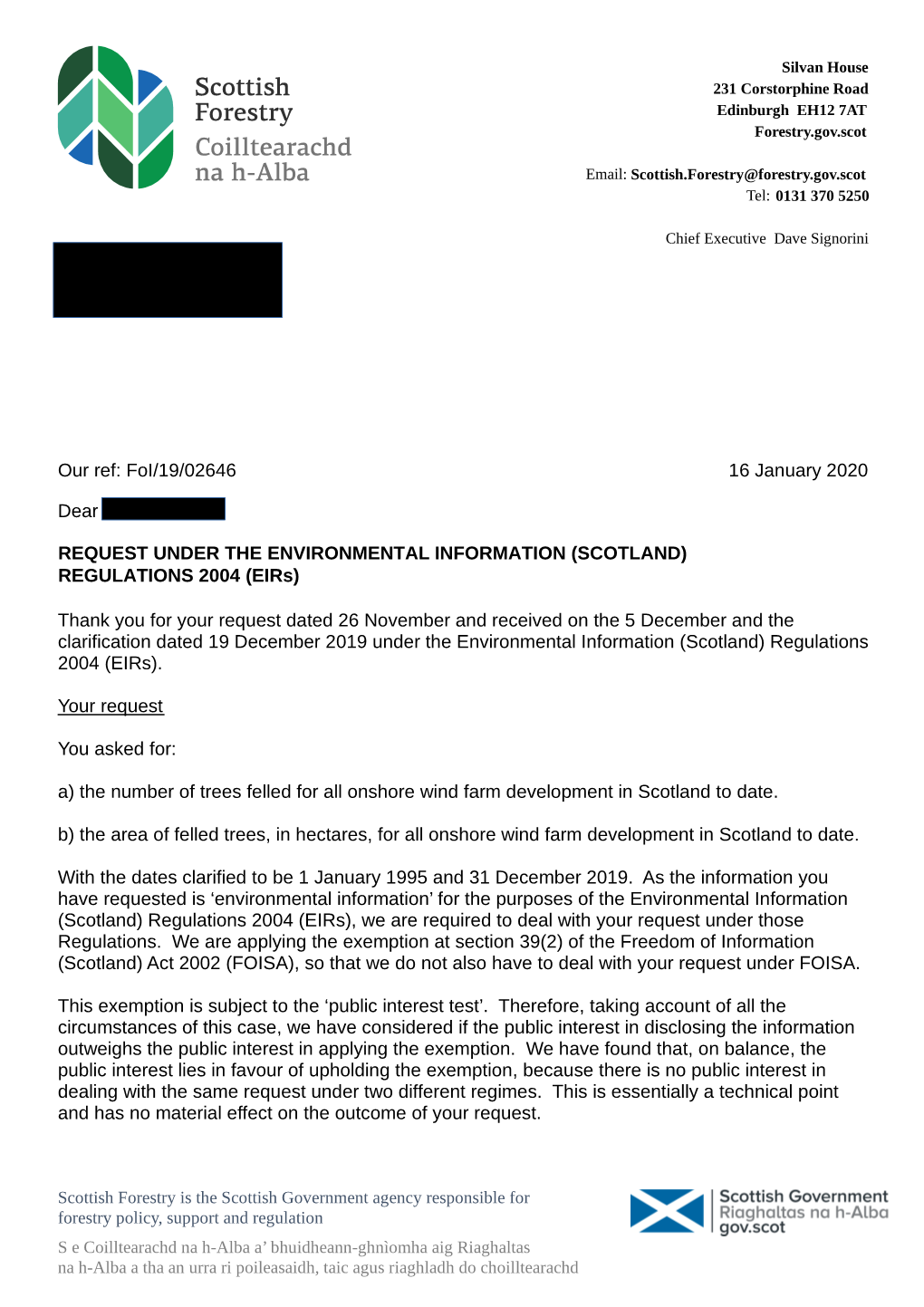 Foi/19/02646 16 January 2020 Dear Thank You for Your Request Dated 26 November and Received on the 5 December and the C