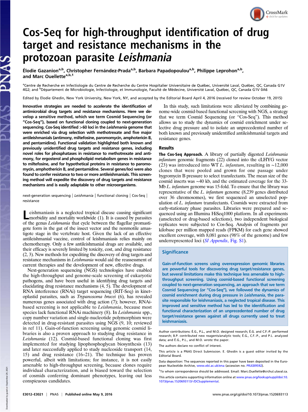 Cos-Seq for High-Throughput Identification of Drug Target and Resistance Mechanisms in the Protozoan Parasite Leishmania