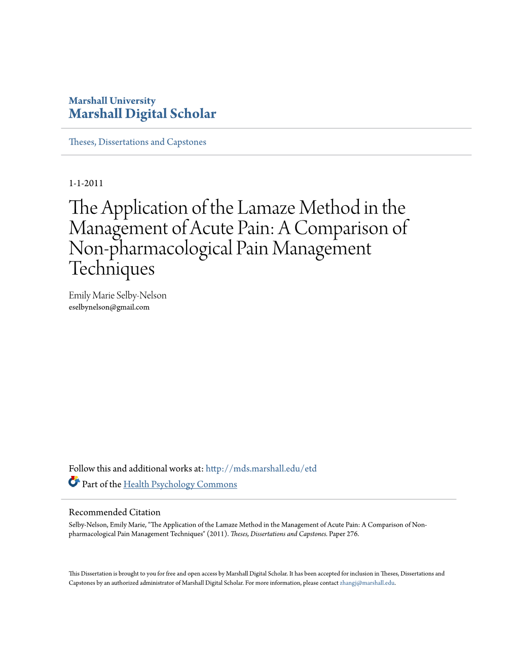The Application of the Lamaze Method in the Management of Acute Pain