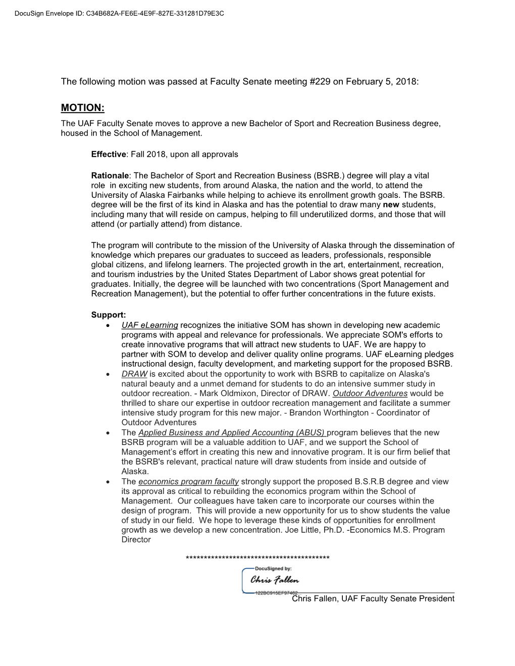 MOTION: the UAF Faculty Senate Moves to Approve a New Bachelor of Sport and Recreation Business Degree, Housed in the School of Management
