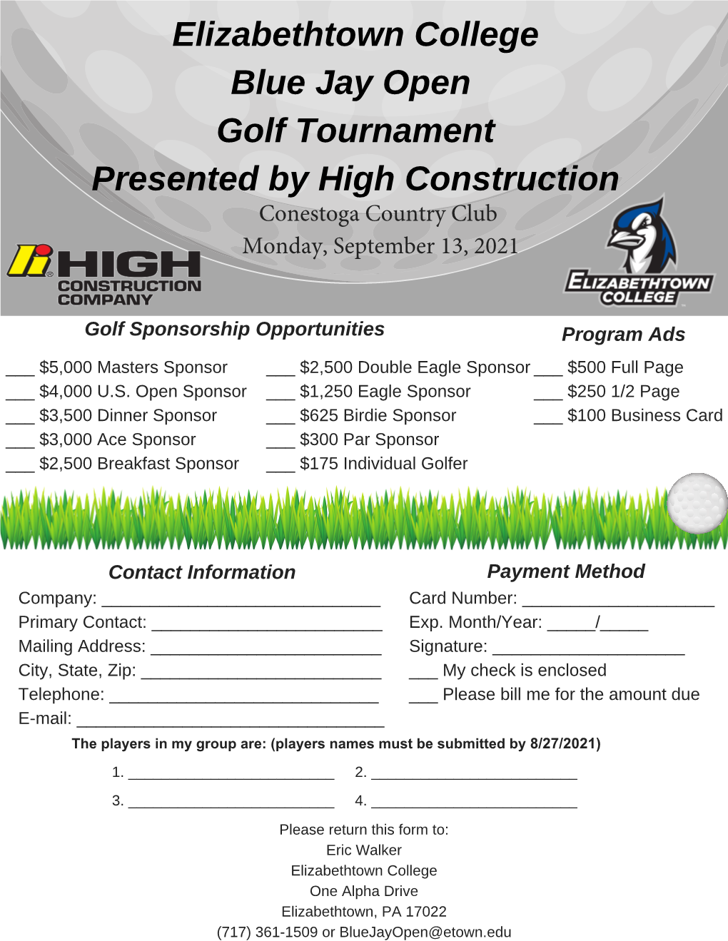 Elizabethtown College Blue Jay Open Golf Tournament Presented by High Construction Conestoga Country Club Monday, September 13, 2021