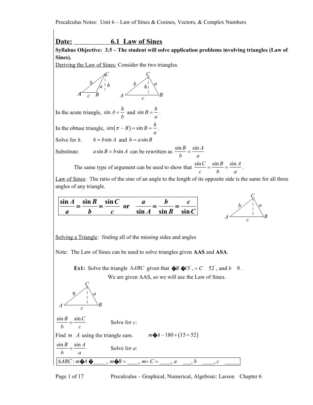 Precalculus Notes: Unit 6 Law of Sines & Cosines, Vectors, & Complex Numbers