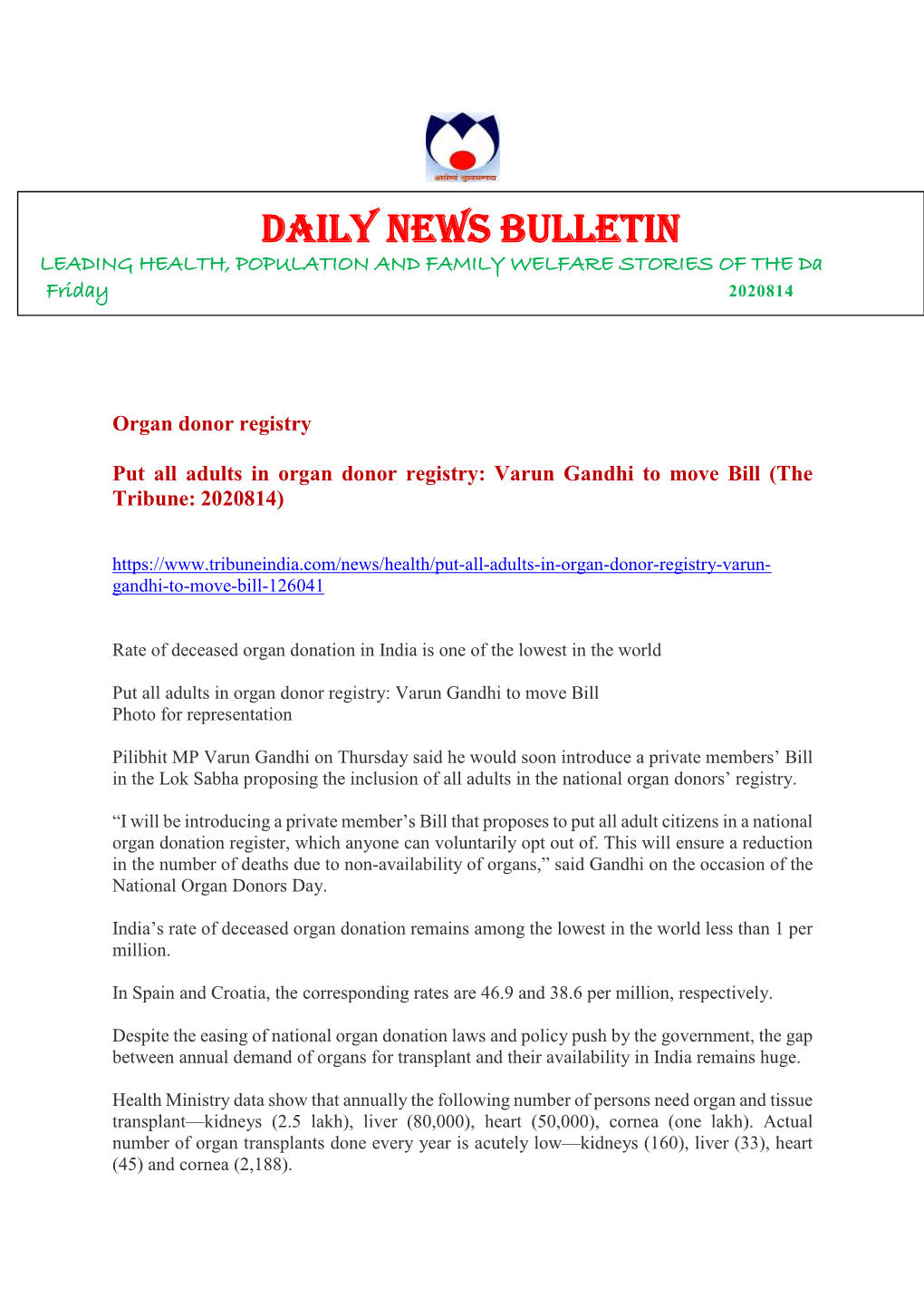 Daily Health News Bulletin (14-08-2020)