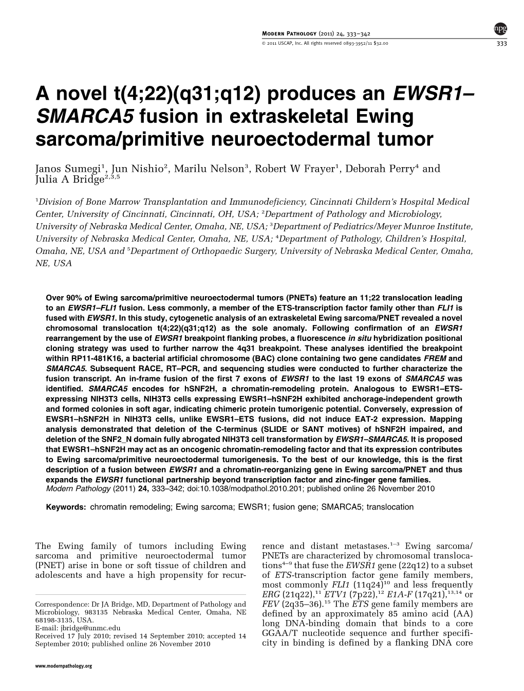 SMARCA5 Fusion in Extraskeletal Ewing Sarcoma&Sol