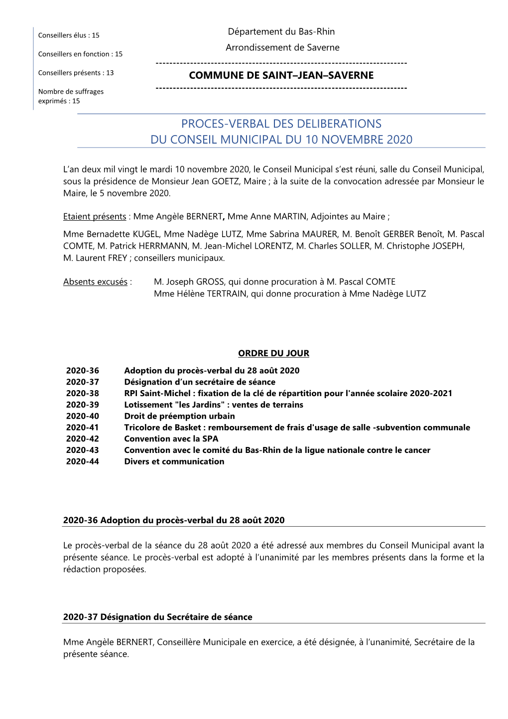 Proces-Verbal Des Deliberations Du Conseil Municipal Du 10 Novembre 2020