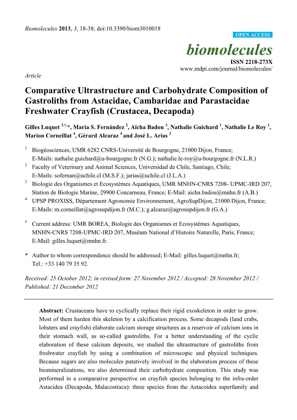 Comparative Ultrastructure and Carbohydrate Composition of Gastroliths from Astacidae, Cambaridae and Parastacidae Freshwater Crayfish (Crustacea, Decapoda)