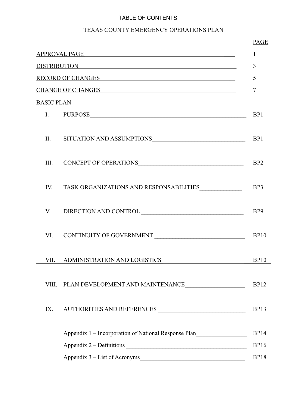 Texas County Emergency Operations Plan Page Approval Page 1 Distribution ___