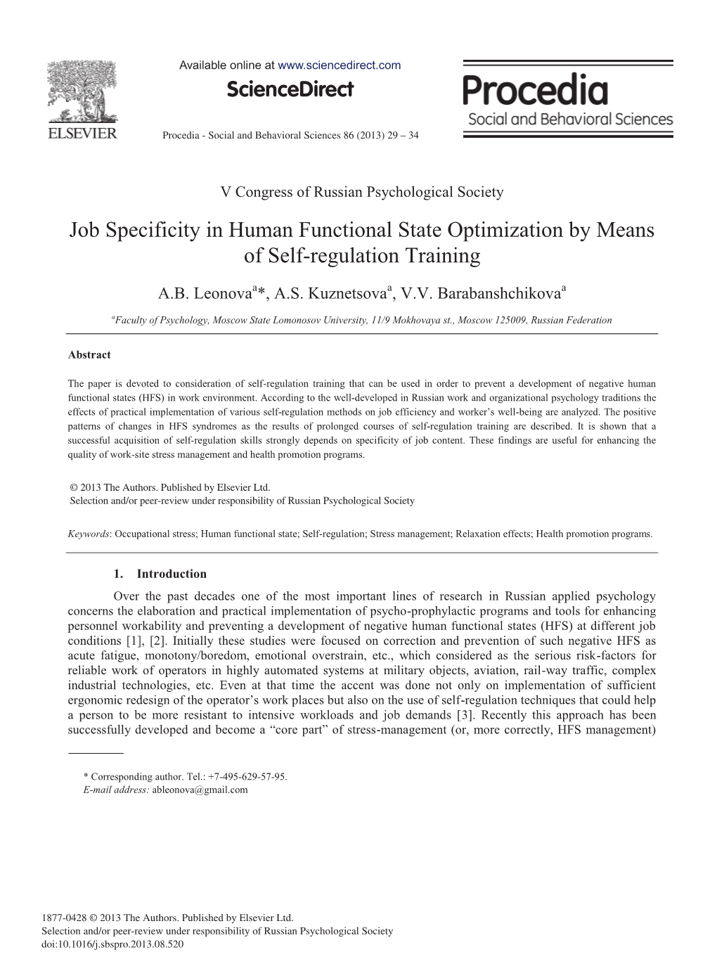 Job Specificity in Human Functional State Optimization by Means of Self-Regulation Training