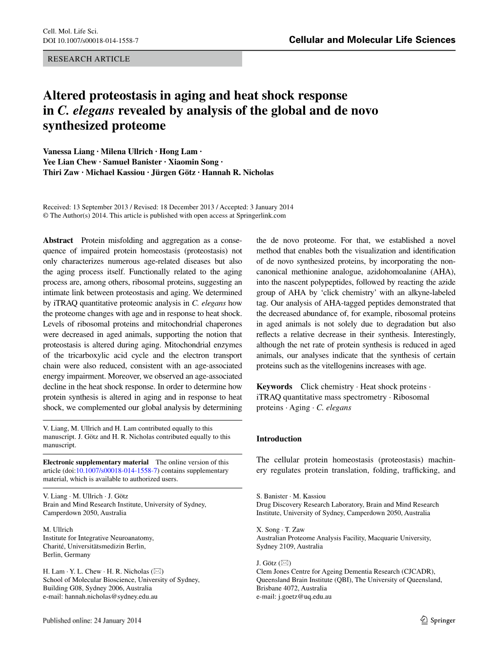 Altered Proteostasis in Aging and Heat Shock Response in C. Elegans Revealed by Analysis of the Global and De Novo Synthesized Proteome