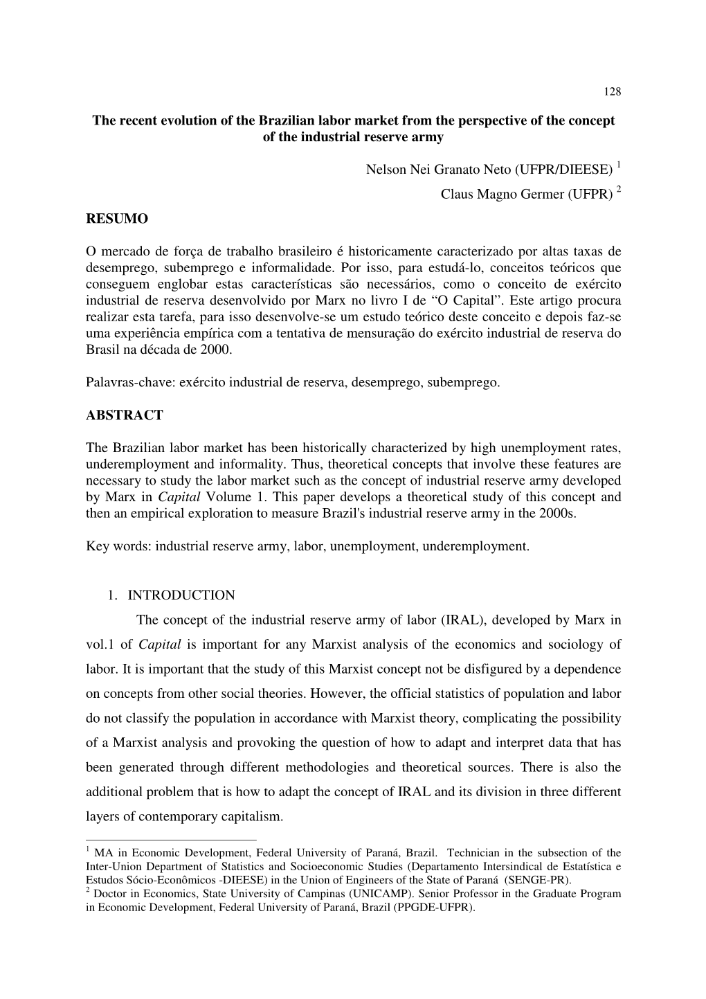 The Recent Evolution of the Brazilian Labor Market from the Perspective of the Concept of the Industrial Reserve Army