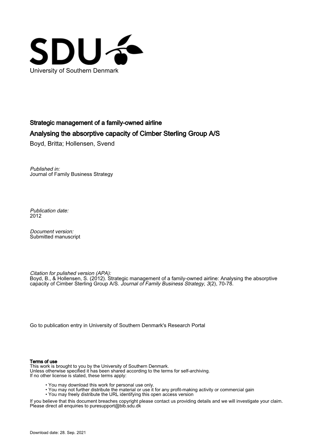 Analysing the Absorptive Capacity of Cimber Sterling Group A/S Boyd, Britta; Hollensen, Svend