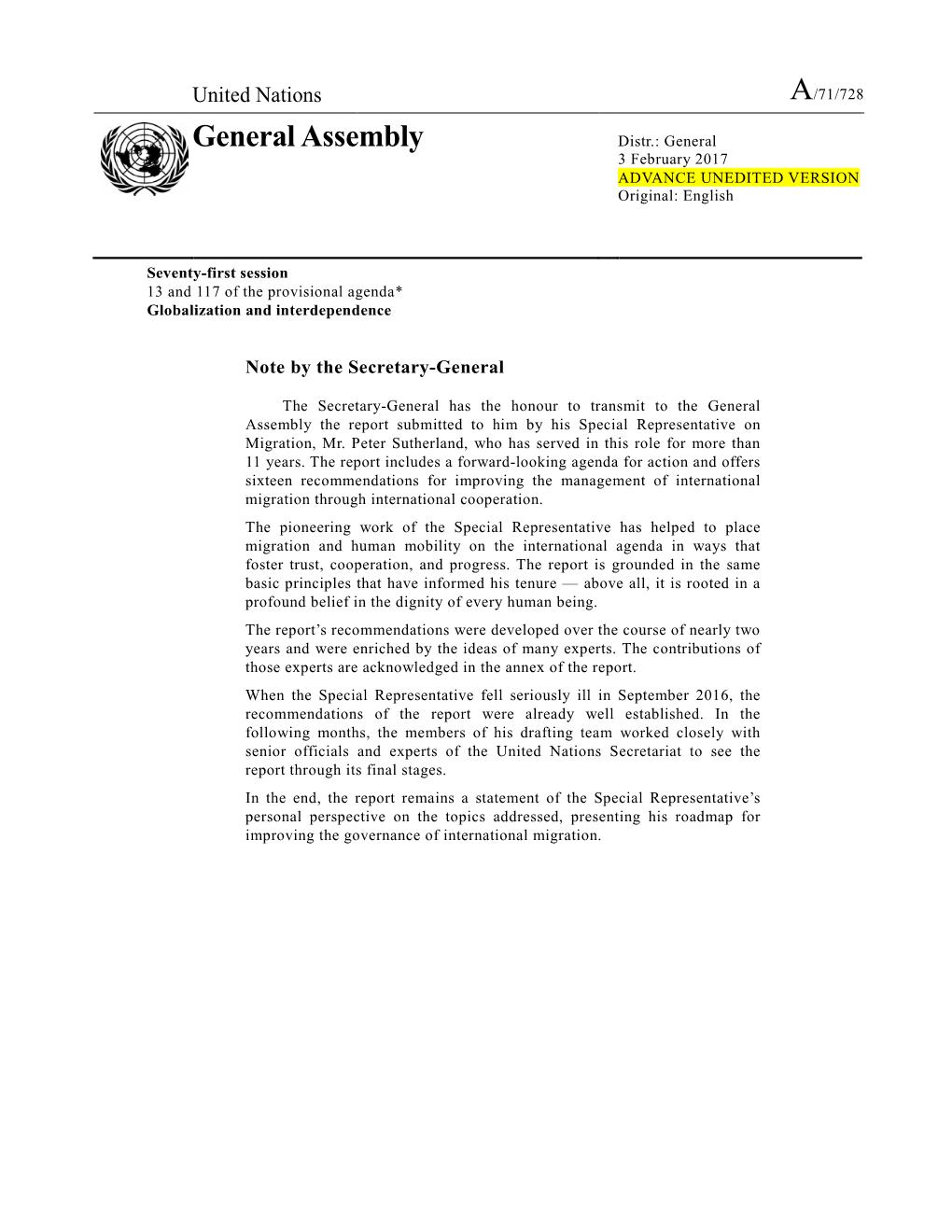 Report of SRSG on Migration (A/71/728)