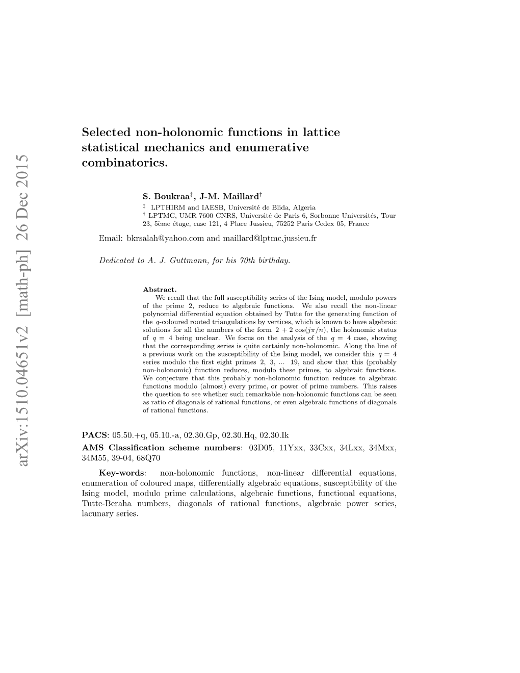 Selected Non-Holonomic Functions in Lattice Statistical Mechanics and Enumerative Combinatorics