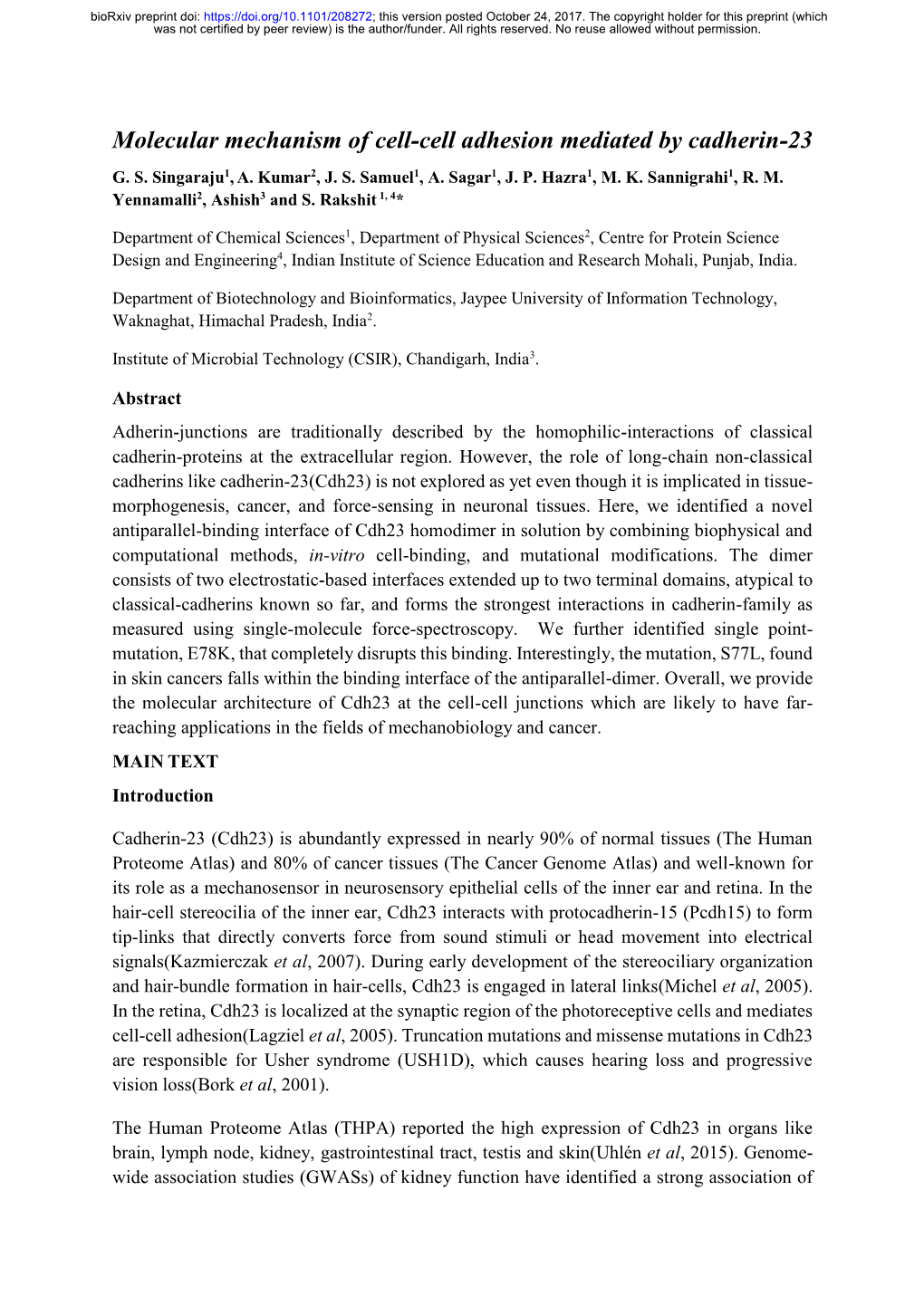 Molecular Mechanism of Cell-Cell Adhesion Mediated by Cadherin-23 G