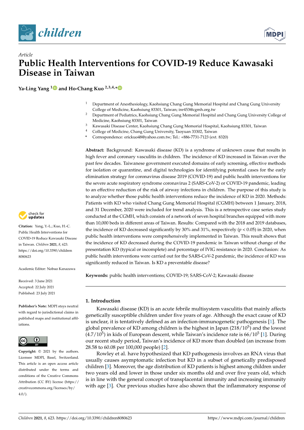 Public Health Interventions for COVID-19 Reduce Kawasaki Disease in Taiwan