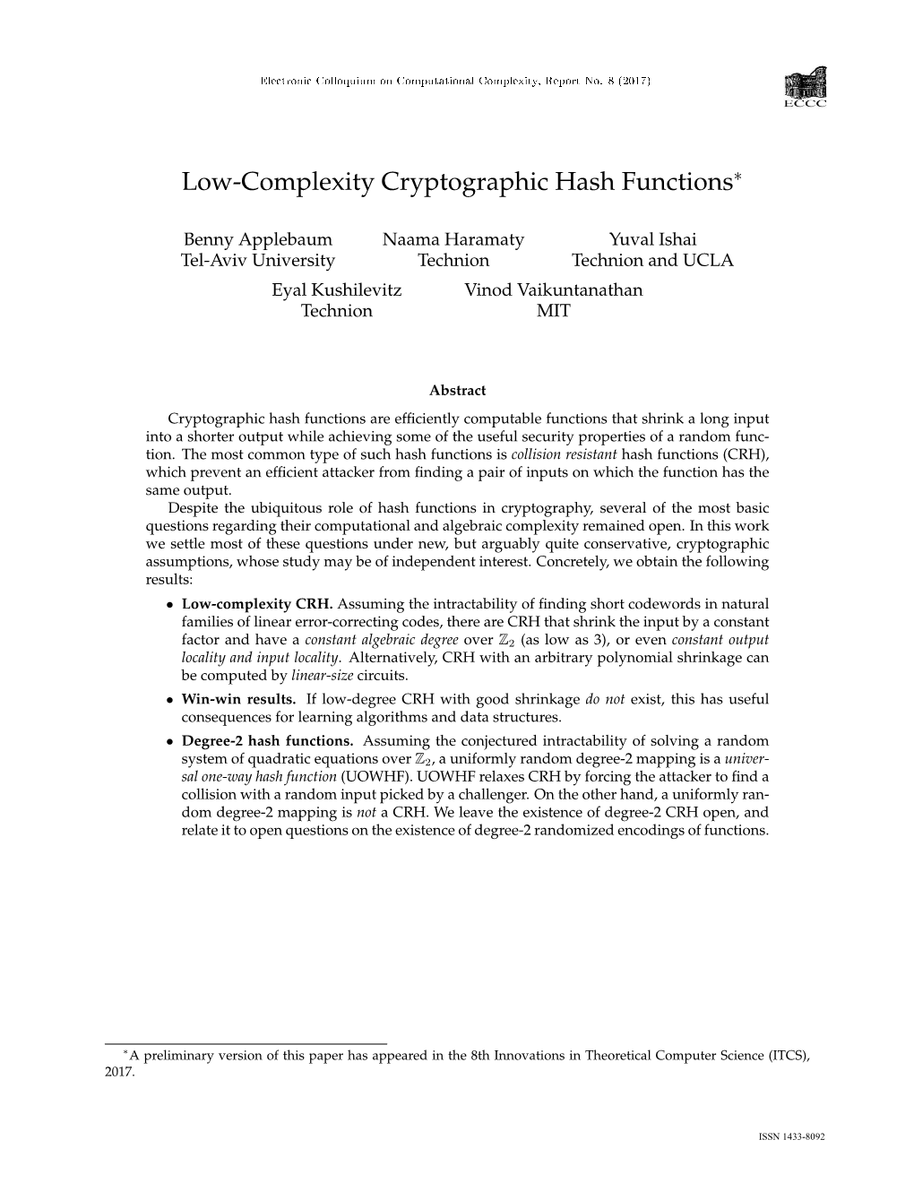 Low-Complexity Cryptographic Hash Functions∗