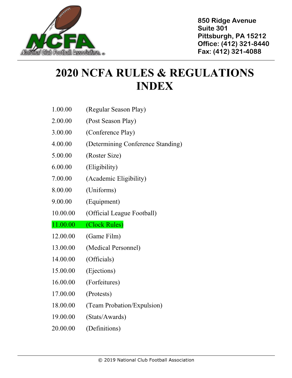2020 Ncfa Rules & Regulations Index