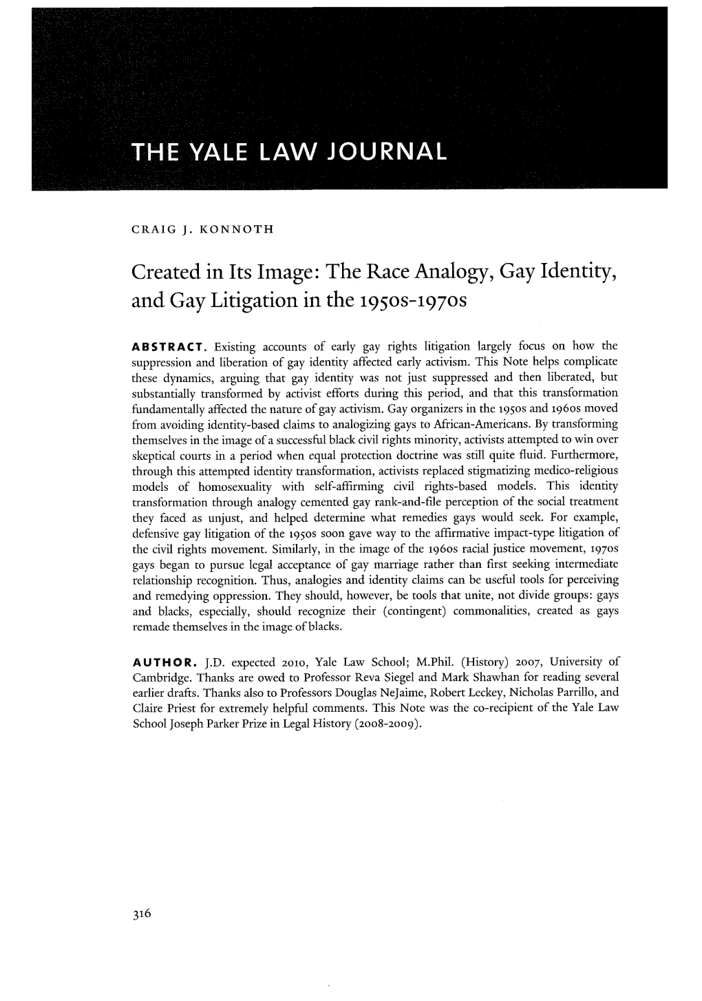 The Race Analogy, Gay Identity, and Gay Litigation in the 1950S-1970S