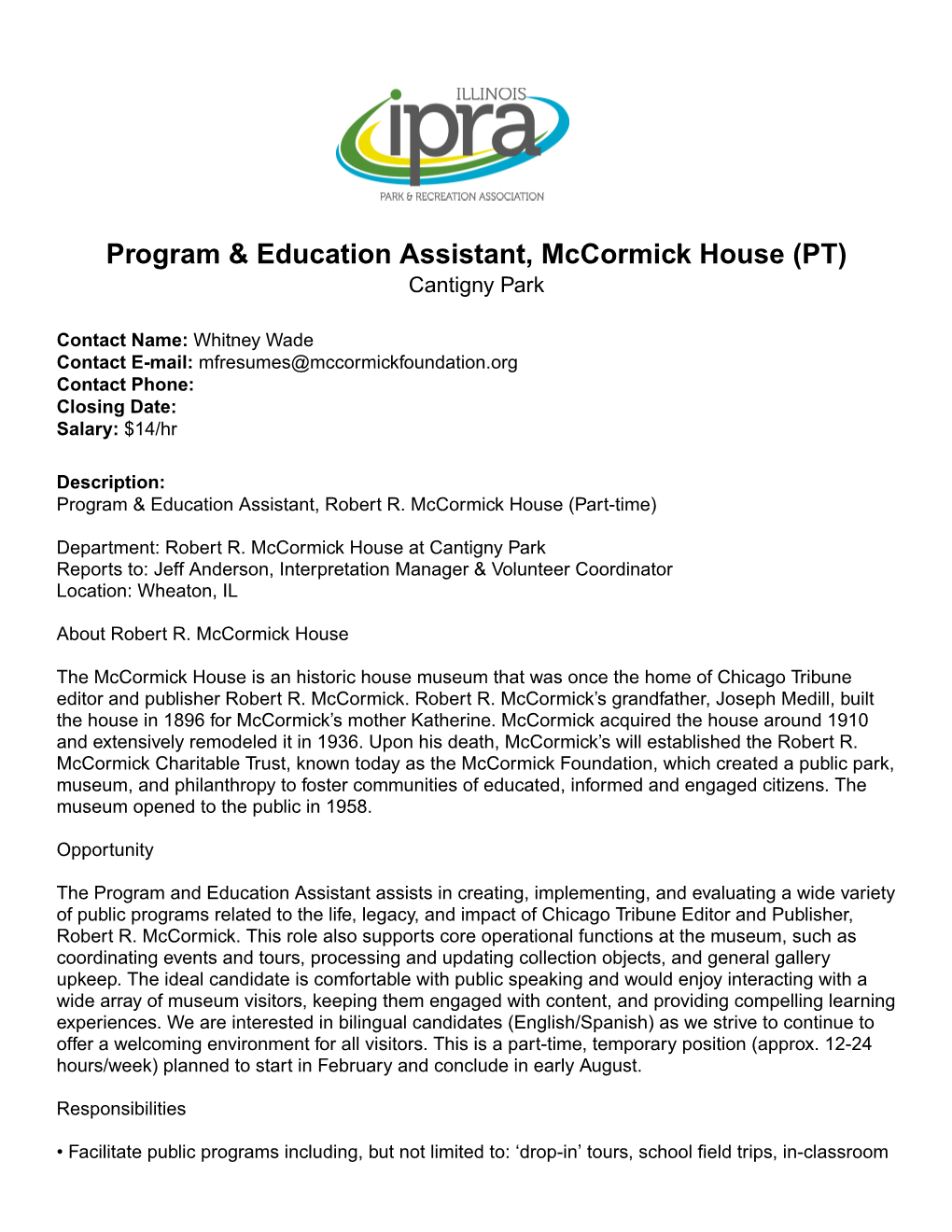 Program & Education Assistant, Mccormick House