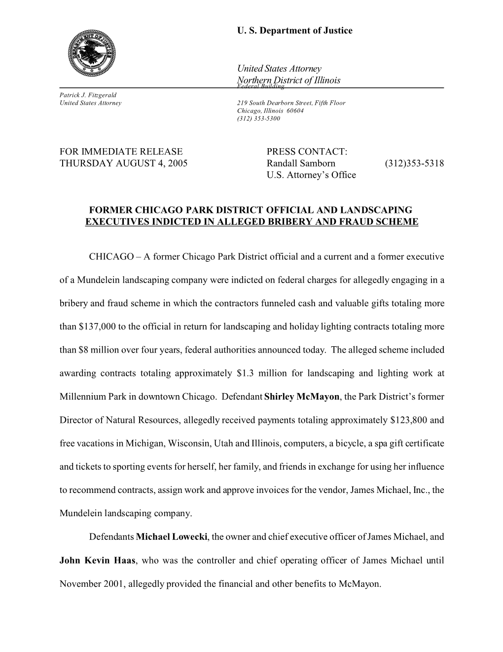 Former Chicago Park District Official and Landscaping Executives Indicted in Alleged Bribery and Fraud Scheme