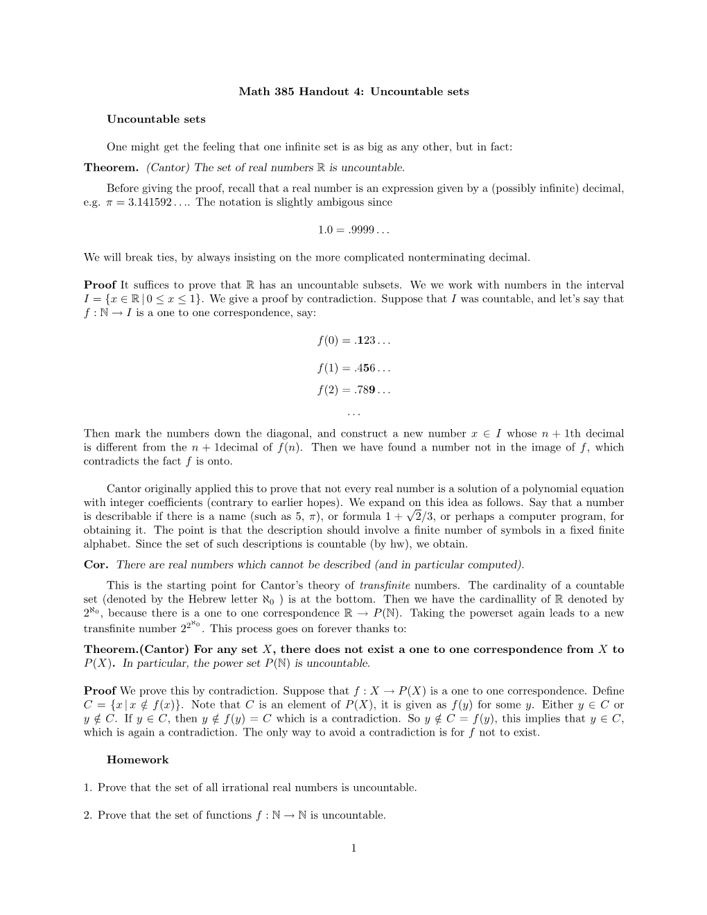 Math 385 Handout 4: Uncountable Sets