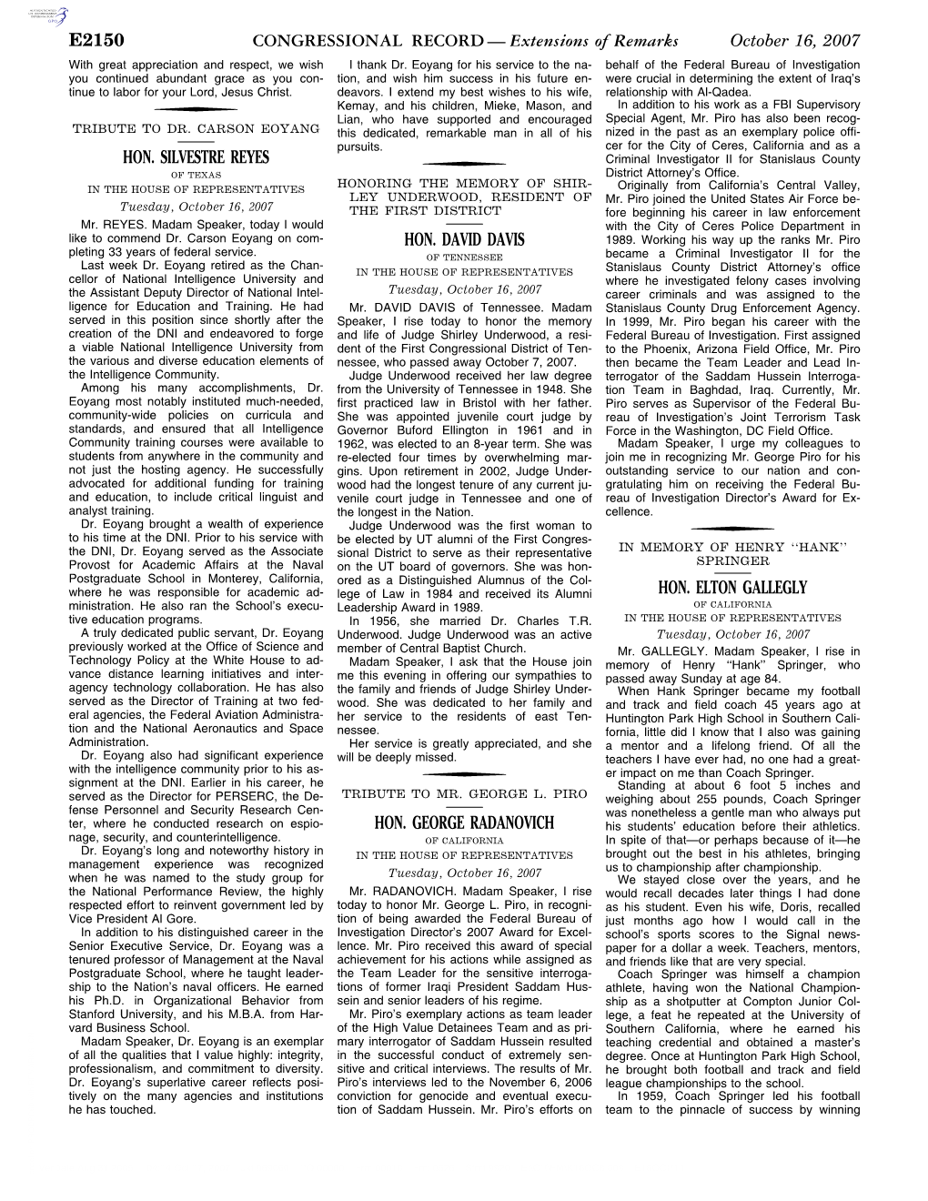 CONGRESSIONAL RECORD — Extensions of Remarks October 16, 2007 with Great Appreciation and Respect, We Wish I Thank Dr