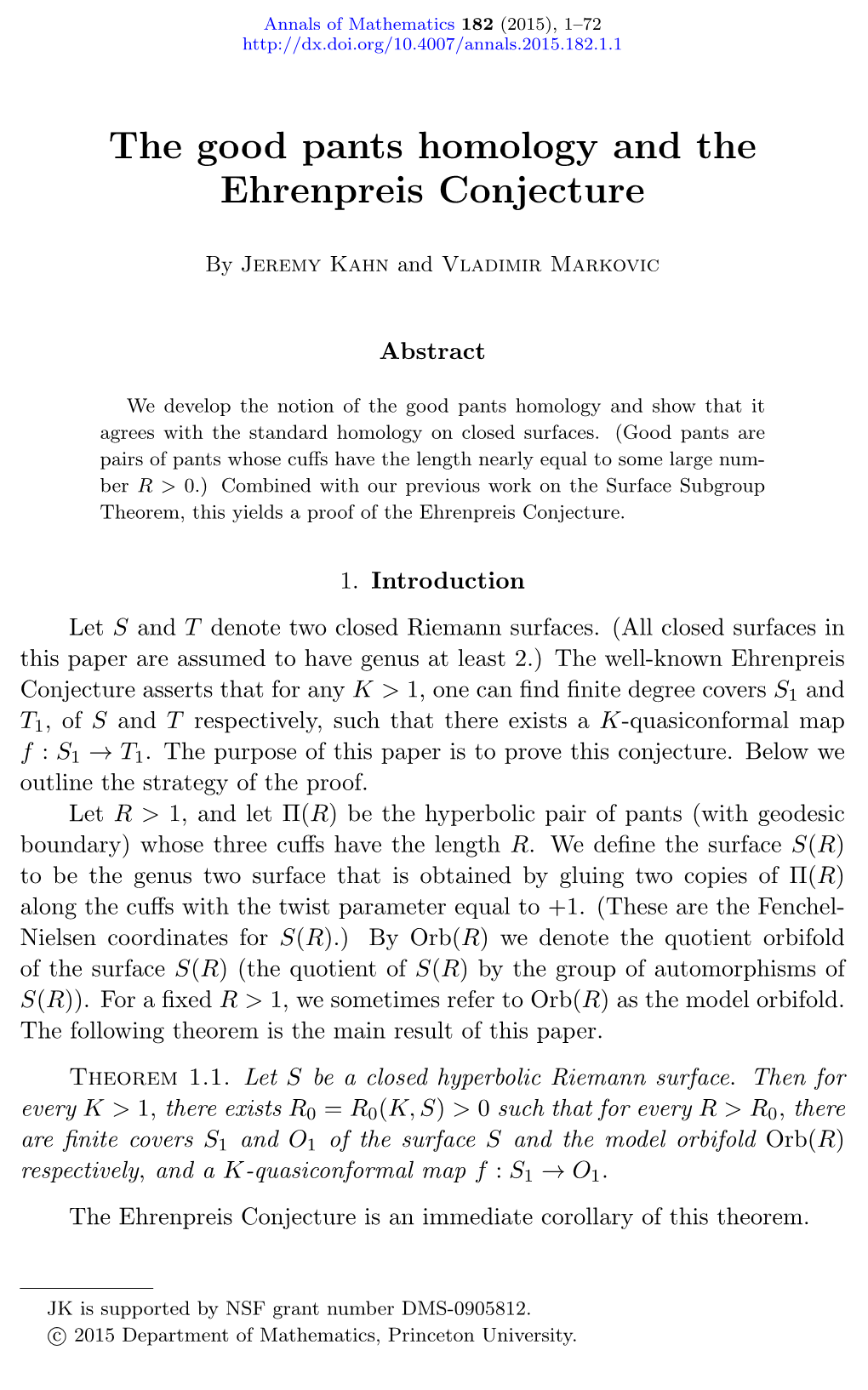 The Good Pants Homology and the Ehrenpreis Conjecture