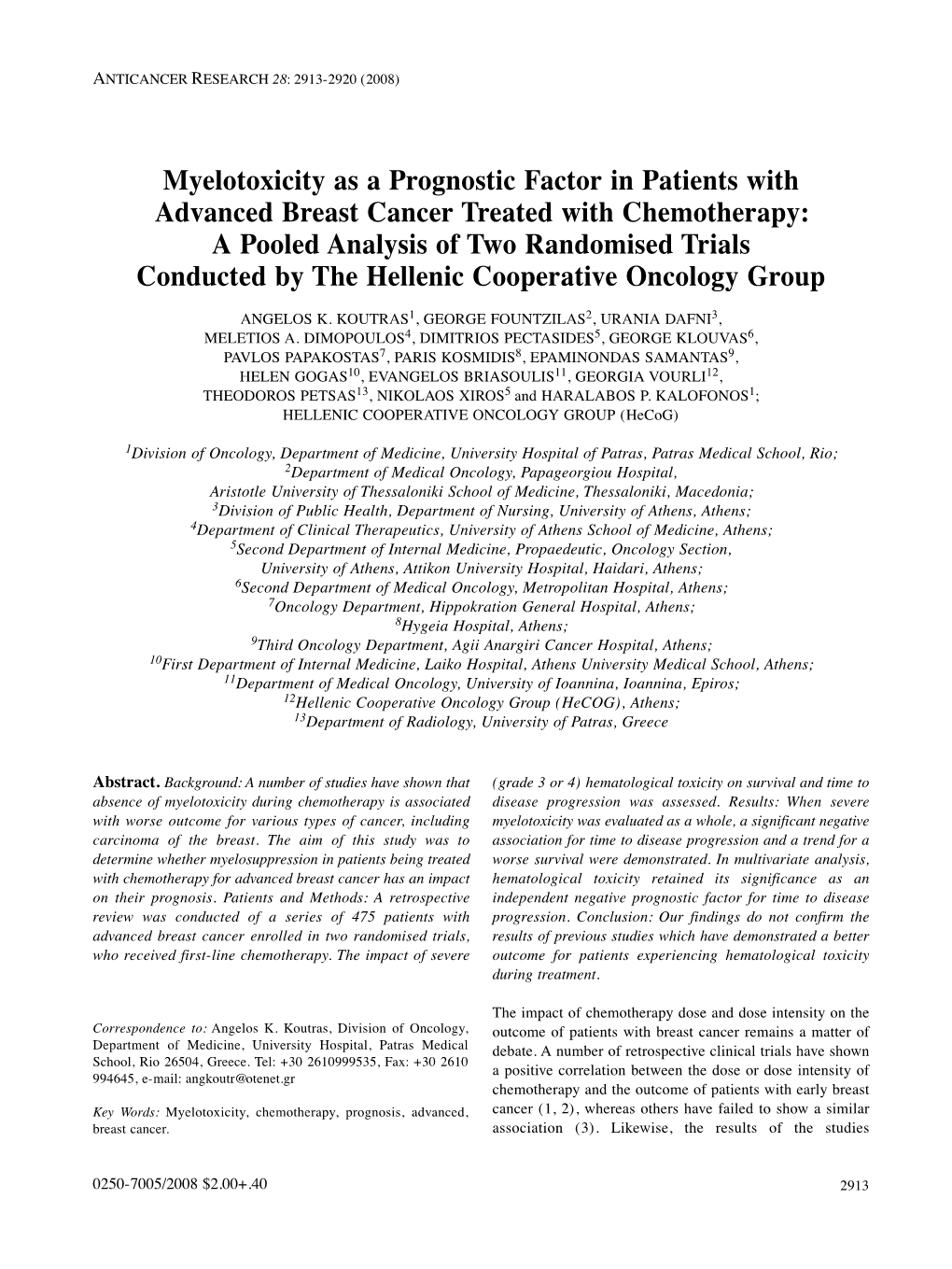 Myelotoxicity As a Prognostic Factor in Patients with Advanced Breast