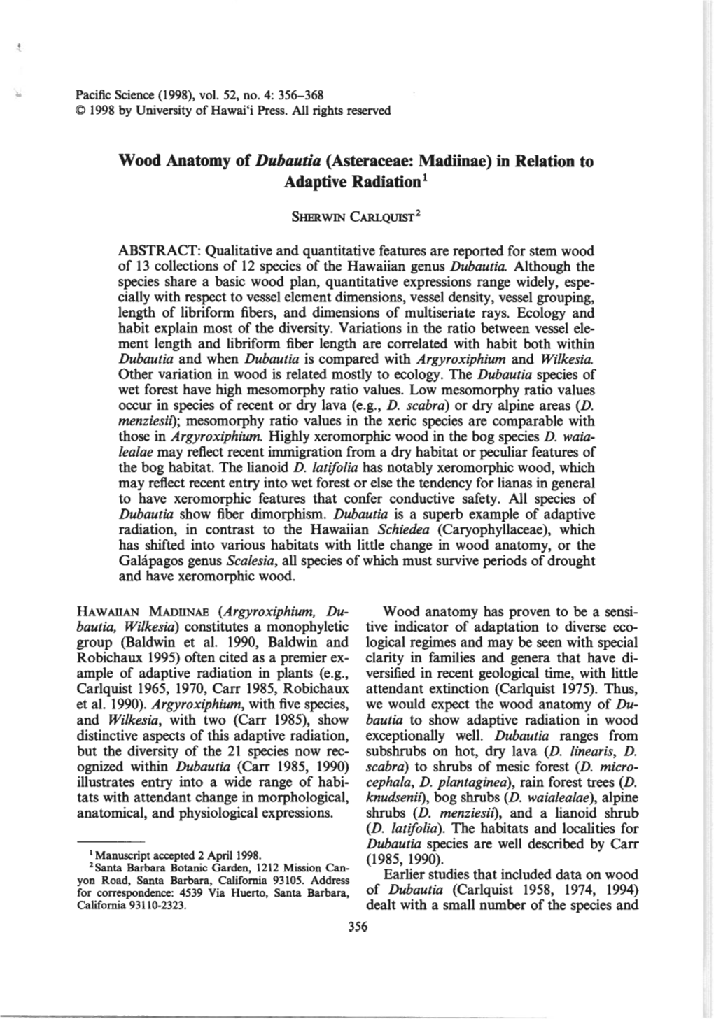 Wood Anatomy of Dubautia (Asteraceae: Madiinae) in Relation to Adaptive Radiation’